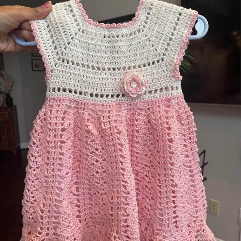 Pink and White hand knitted Crochet Baby Dress with boots and hairband